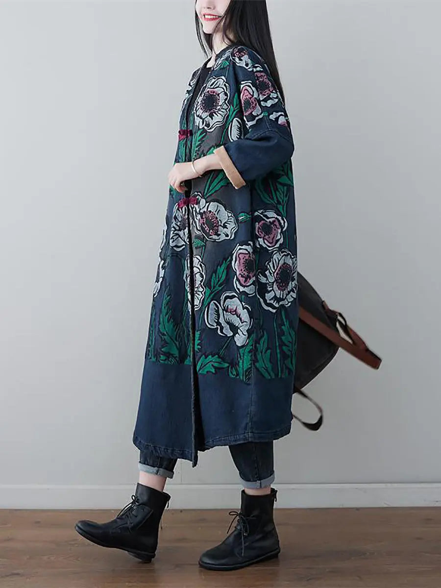 Women Retro Flower Print Denim Spring Long Coat Ada Fashion