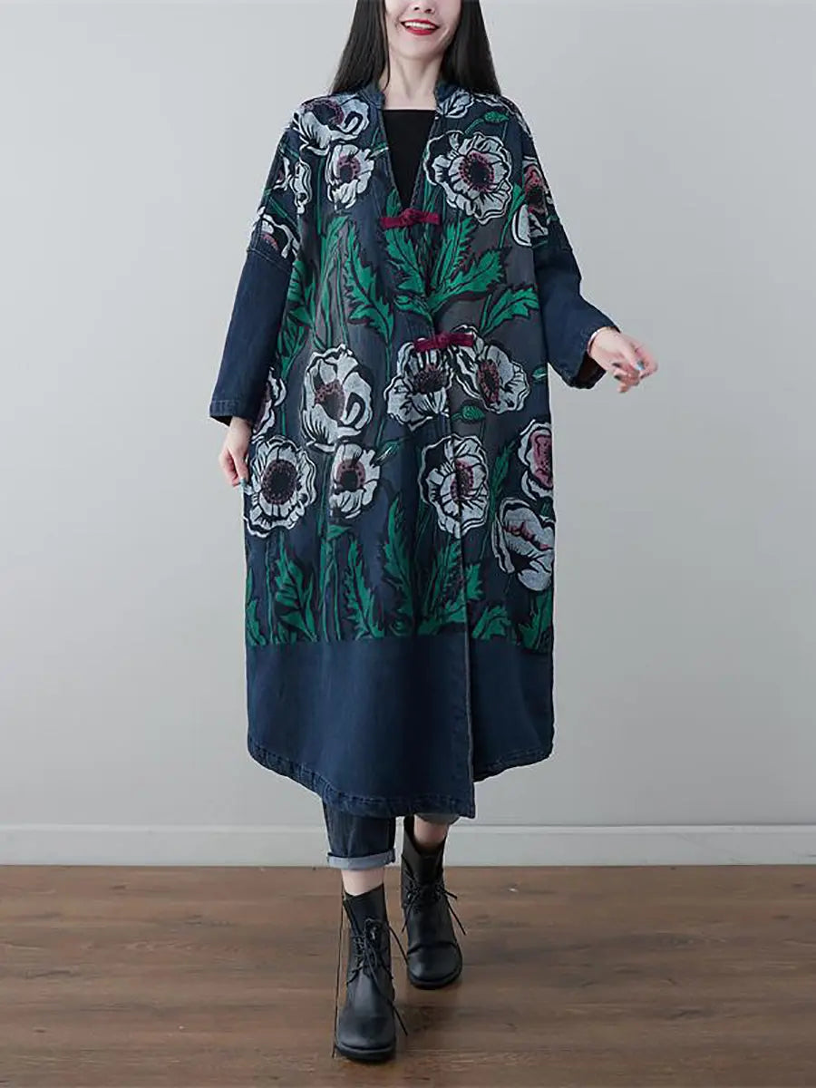 Women Retro Flower Print Denim Spring Long Coat Ada Fashion