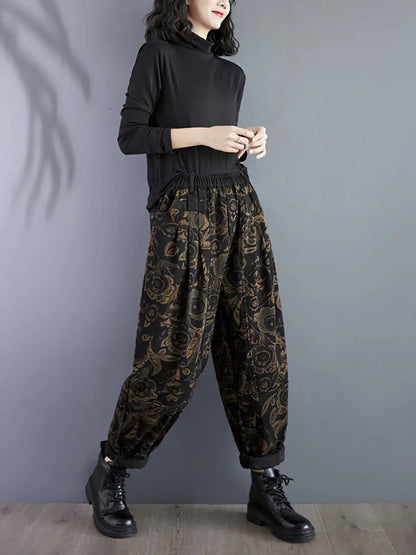 Women Retro Flower Winter Fleece-lined Harem Pants Ada Fashion