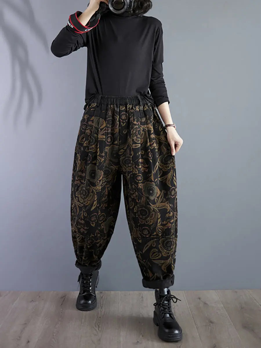 Women Retro Flower Winter Fleece-lined Harem Pants Ada Fashion