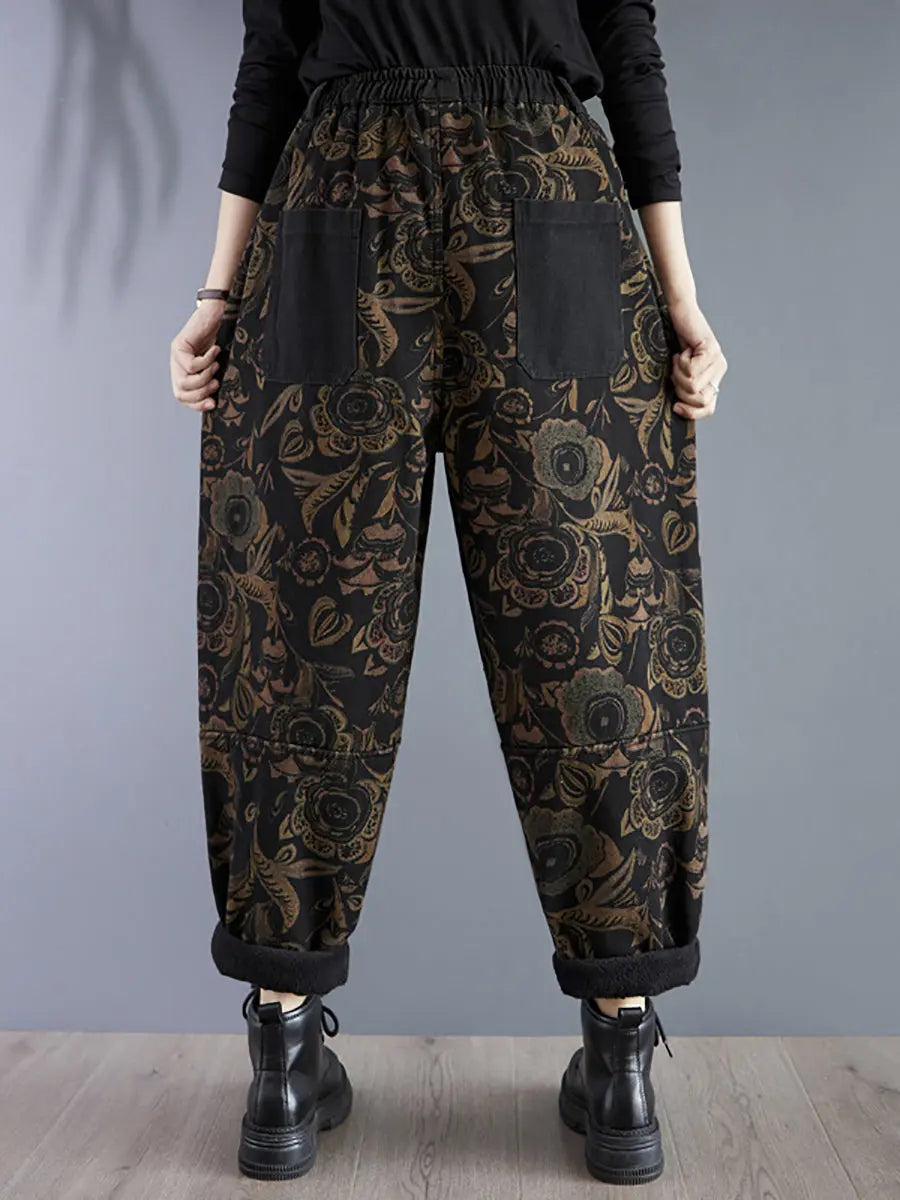 Women Retro Flower Winter Fleece-lined Harem Pants Ada Fashion