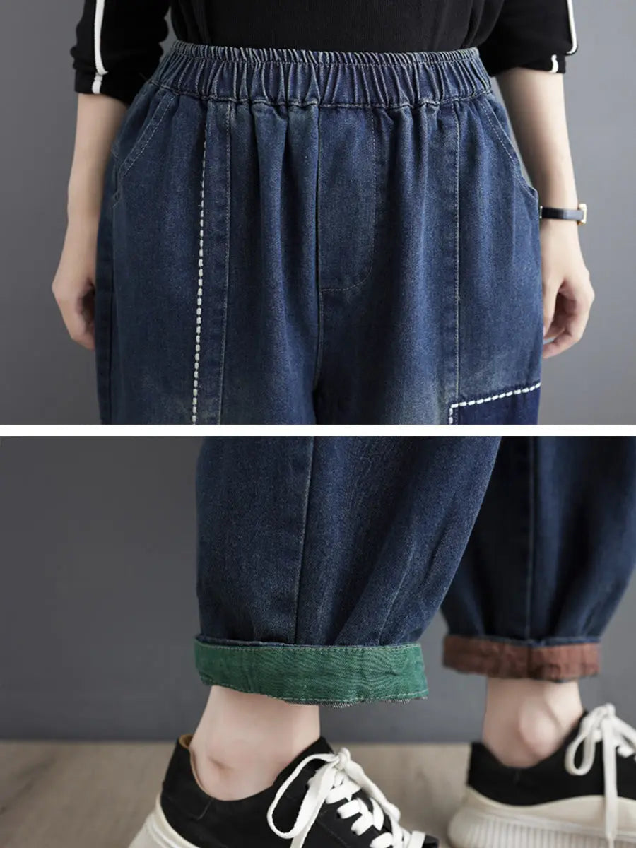 Women Retro Patch Spliced Denim Harem Pants Ada Fashion