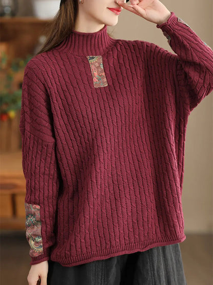 Women Retro Patch Spliced Knitted Turtleneck Sweater Ada Fashion