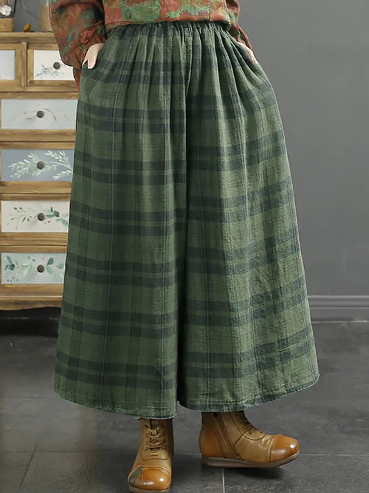 Women Retro Plaid Spring Linen Wide-leg Pants Ada Fashion