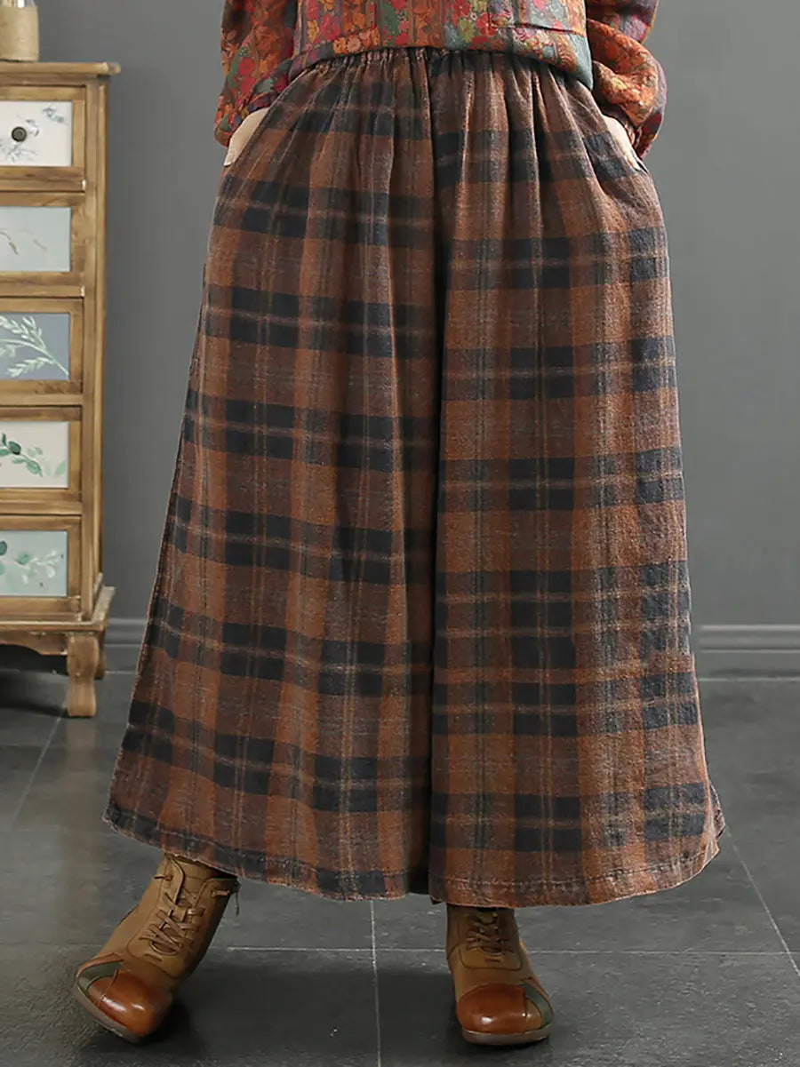 Women Retro Plaid Spring Linen Wide-leg Pants Ada Fashion