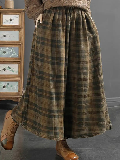 Women Retro Plaid Spring Linen Wide-leg Pants Ada Fashion