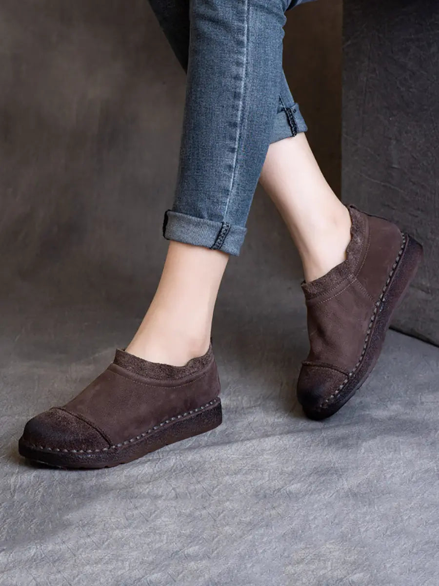 Women Retro Pure Color Leather Flat Shoes Ada Fashion