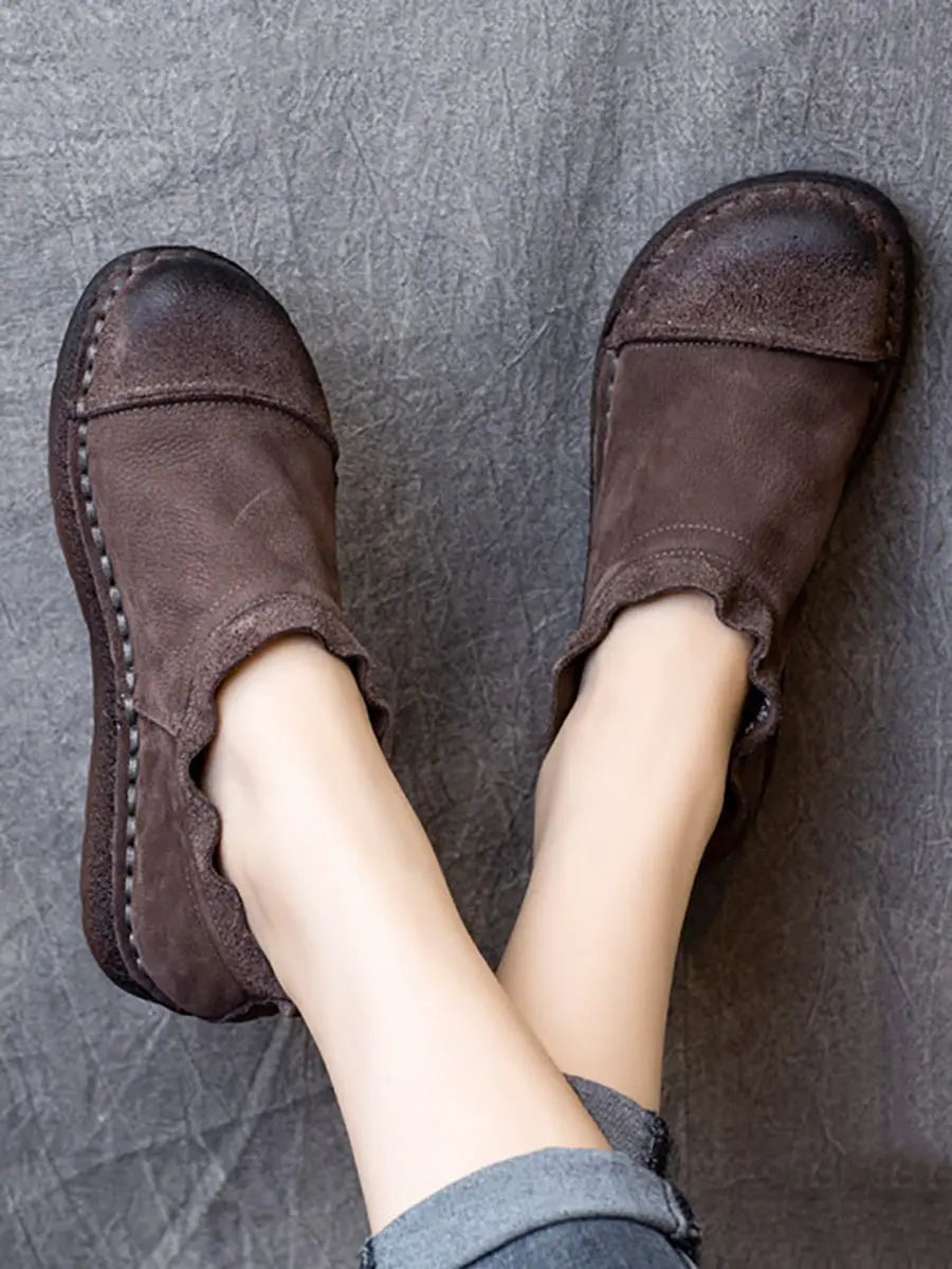 Women Retro Pure Color Leather Flat Shoes Ada Fashion