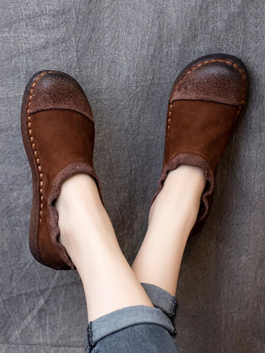 Women Retro Pure Color Leather Flat Shoes Ada Fashion