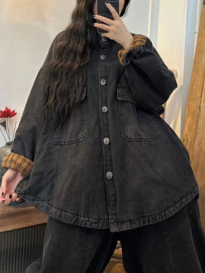 Women Retro Solid Thicken Splied Denim Coat Ada Fashion