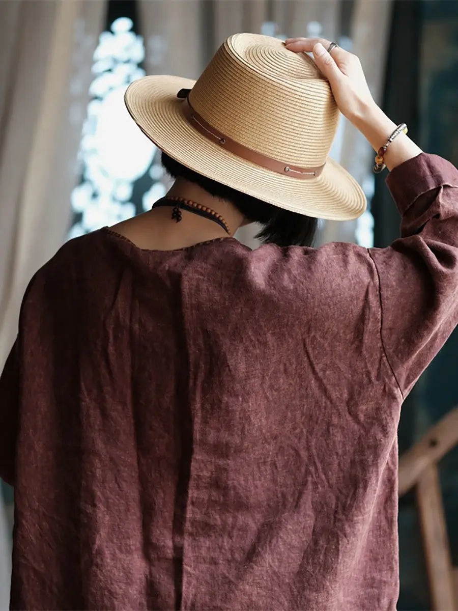 Women Retro Spring Linen Worn Knot Button Shirt Ada Fashion