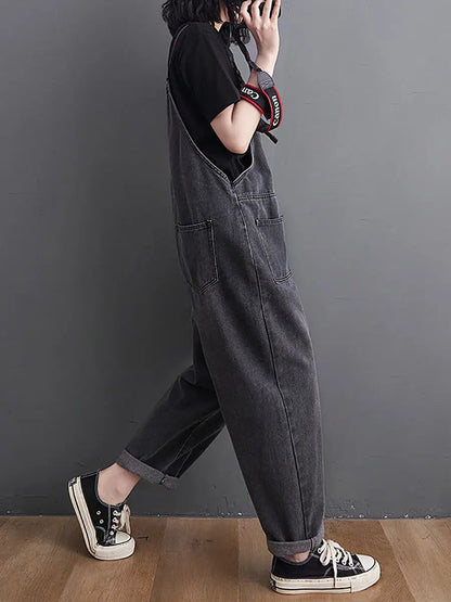 Women Retro Spring Solid Loose Denim Jumpsuits Ada Fashion