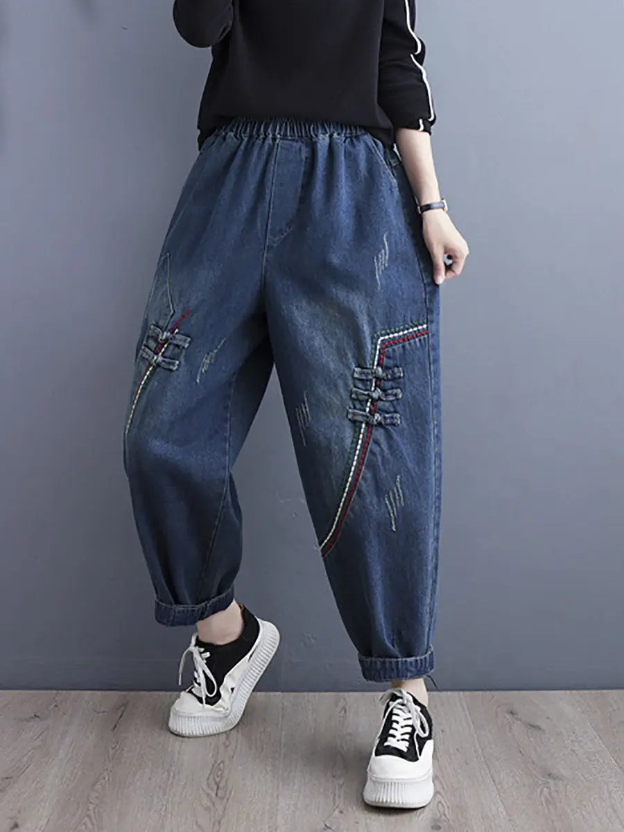 Women Retro Spring Spliced Denim Harem Pants Ada Fashion