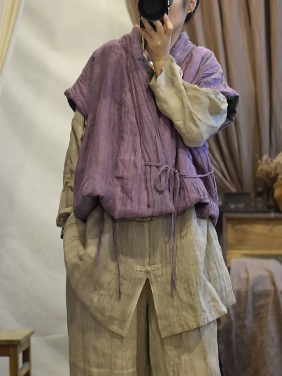 Women Retro Vintage V-Neck Solid Linen Vest Coat Ada Fashion