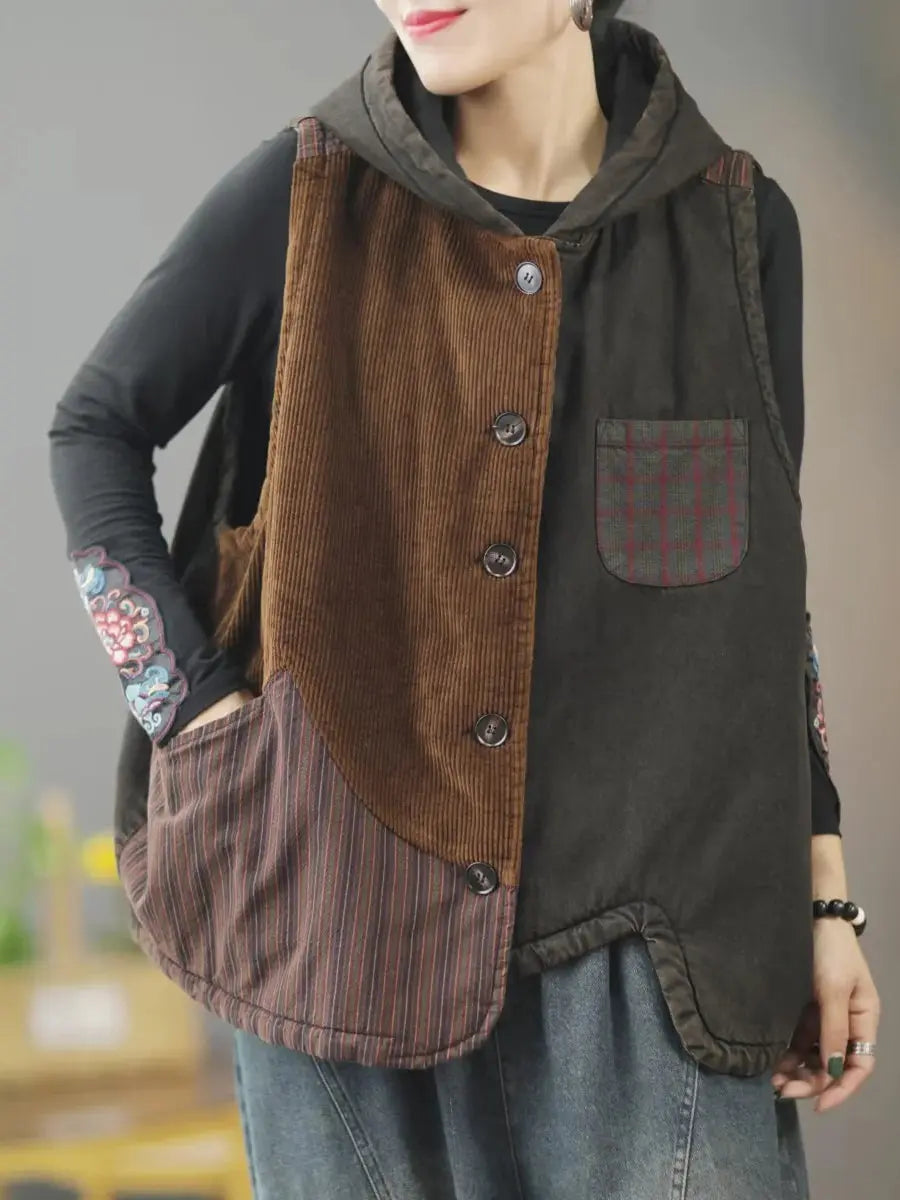 Women Retro Winter Patchwork Hooded Vest Coat Ada Fashion