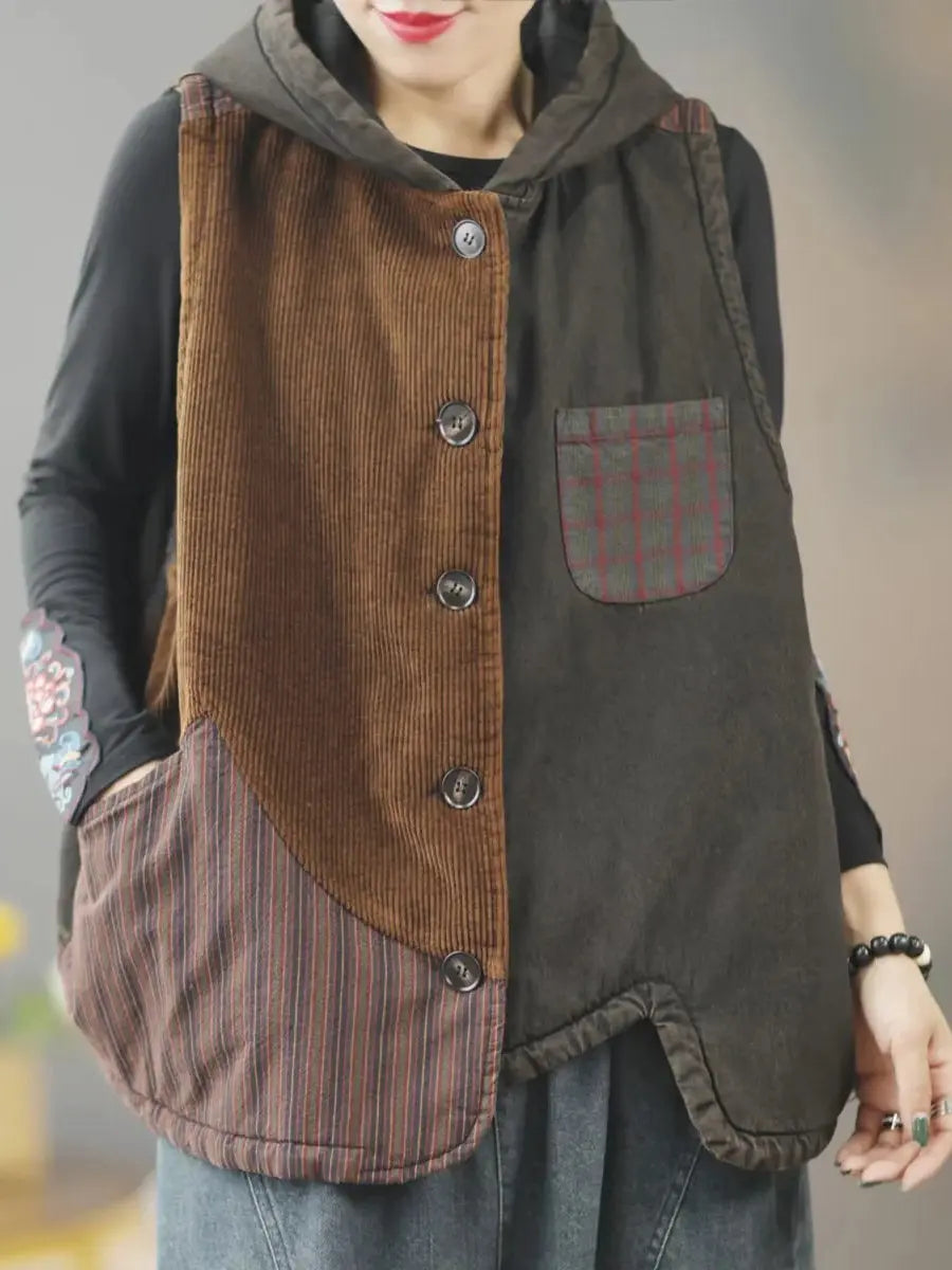 Women Retro Winter Patchwork Hooded Vest Coat Ada Fashion