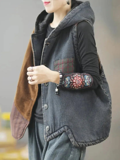 Women Retro Winter Patchwork Hooded Vest Coat Ada Fashion