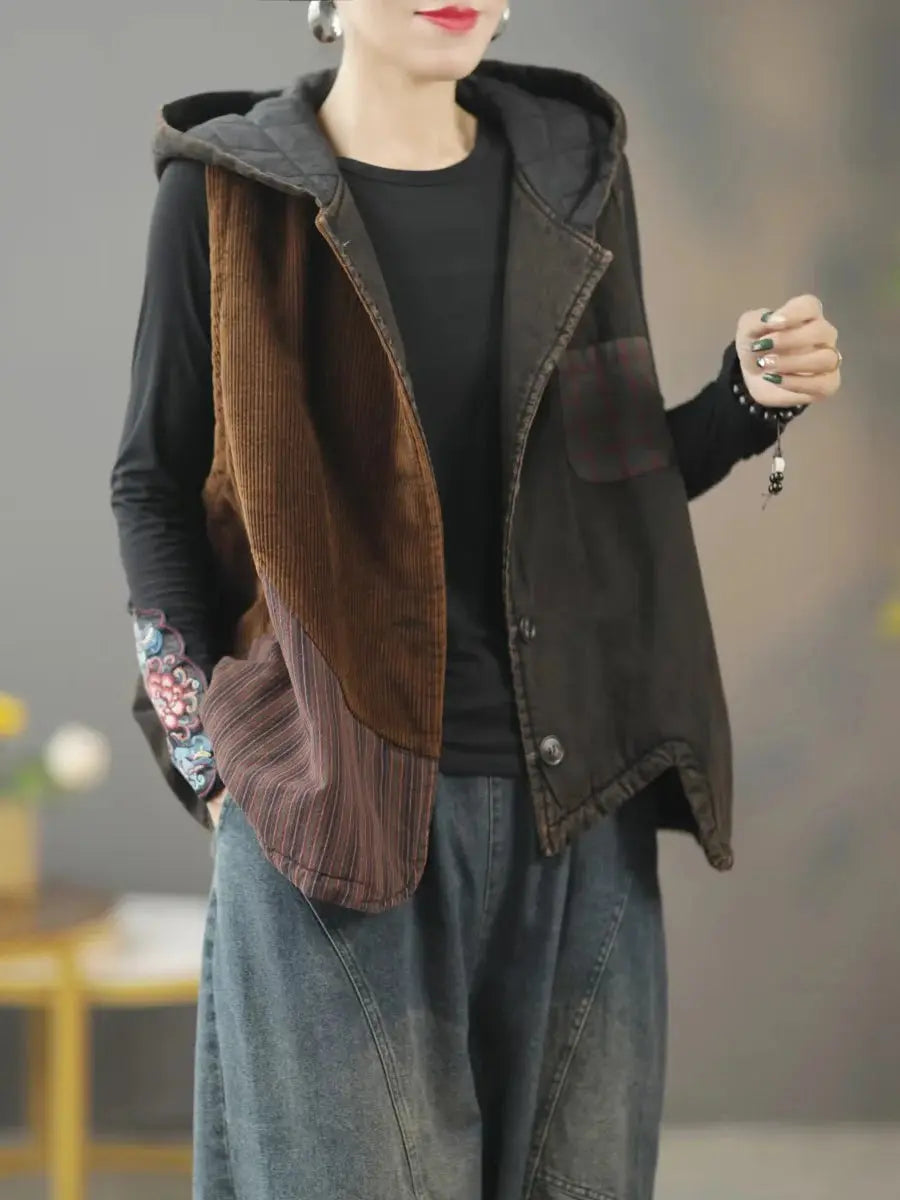 Women Retro Winter Patchwork Hooded Vest Coat Ada Fashion