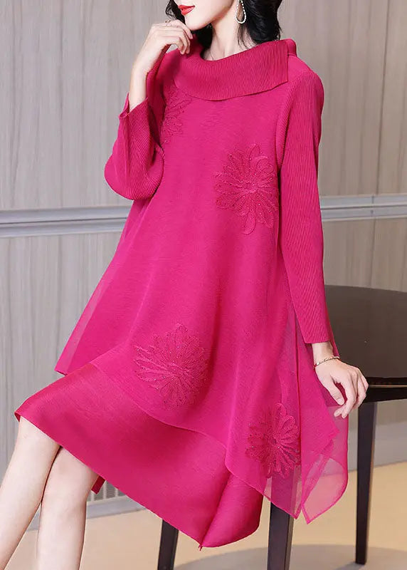 Women Rose Asymmetrical Patchwork Nail Bead Tulle Vacation Long Dresses Long Sleeve Ada Fashion