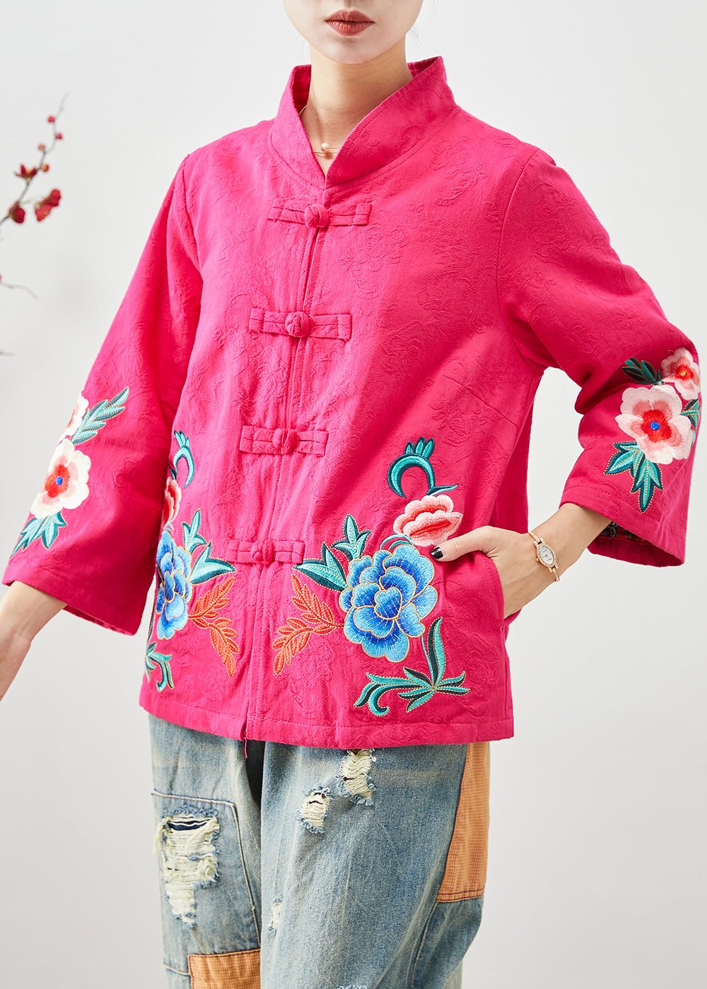 Women Rose Embroideried Jacquard Chinese Button Cotton Jackets Fall Ada Fashion