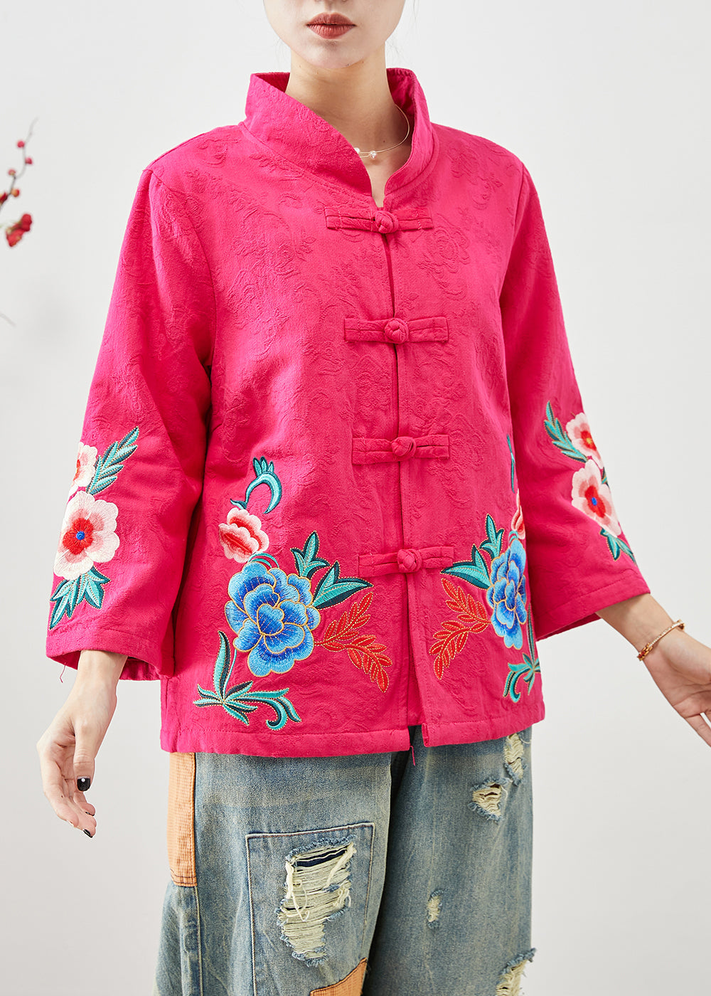 Women Rose Embroideried Jacquard Chinese Button Cotton Jackets Fall Ada Fashion