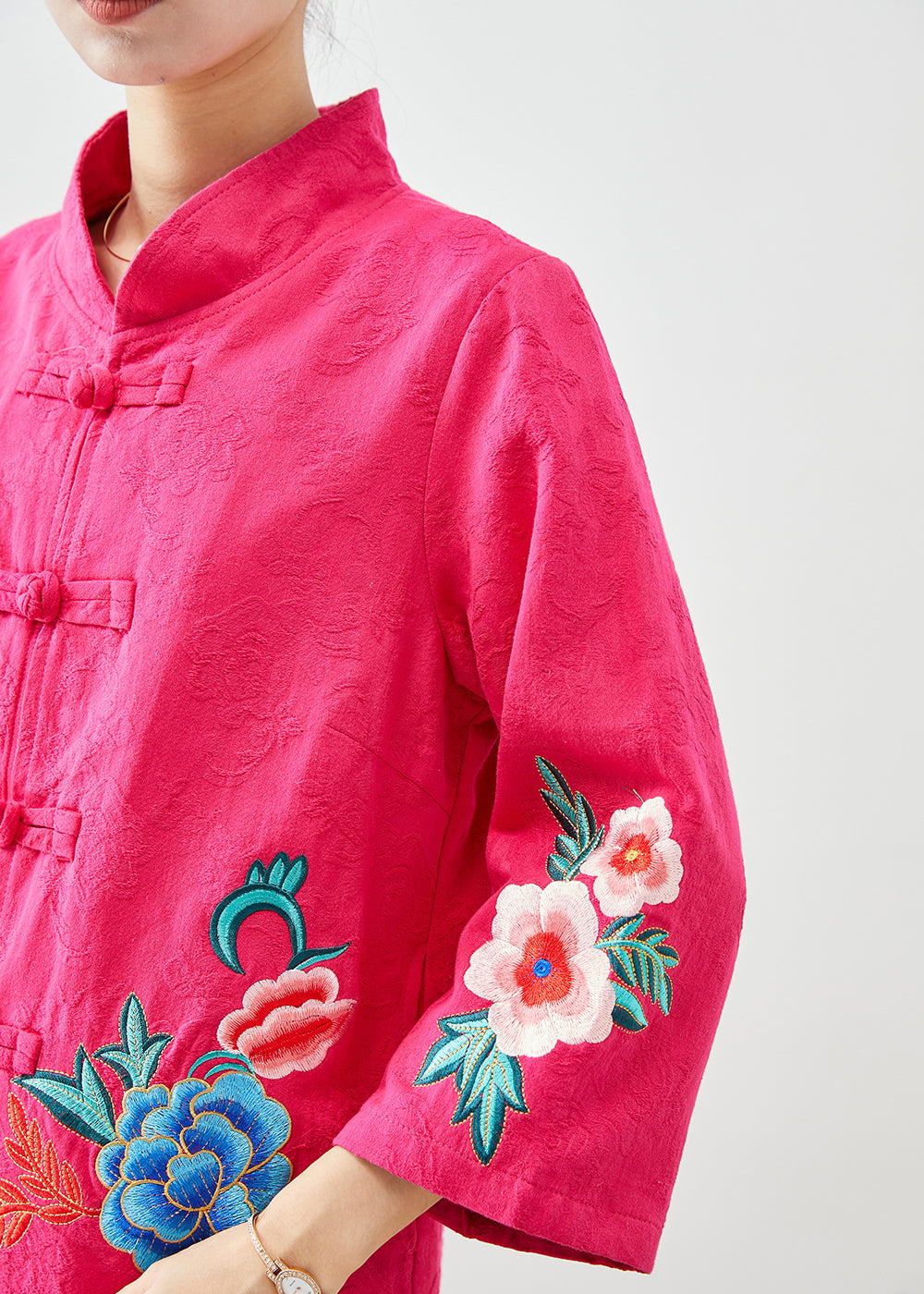 Women Rose Embroideried Jacquard Chinese Button Cotton Jackets Fall Ada Fashion