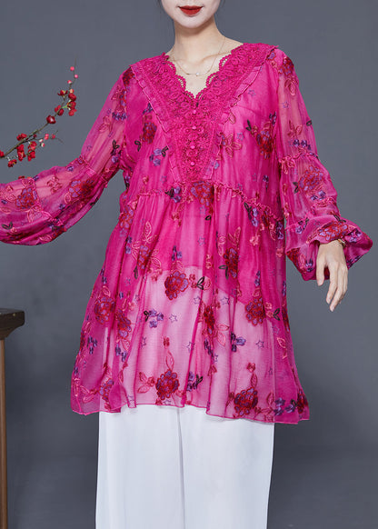 Women Rose Embroideried Patchwork Lace Tops Lantern Sleeve LY2325 - fabuloryshop