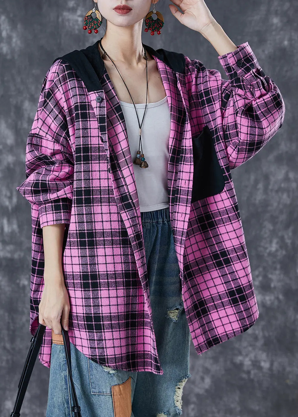 Women Rose Hooded Patchwork Plaid Cotton Coat Fall Ada Fashion