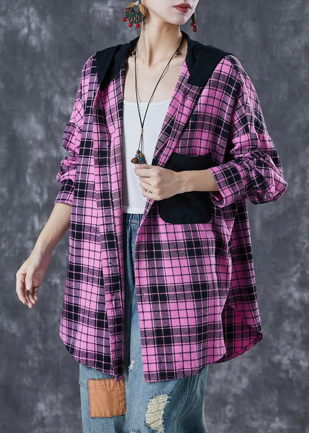 Women Rose Hooded Patchwork Plaid Cotton Coat Fall Ada Fashion