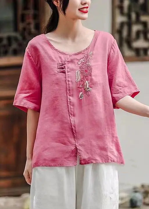 Women Rose O-Neck Side Open Patchwork Cotton T Shirt Summer Ada Fashion