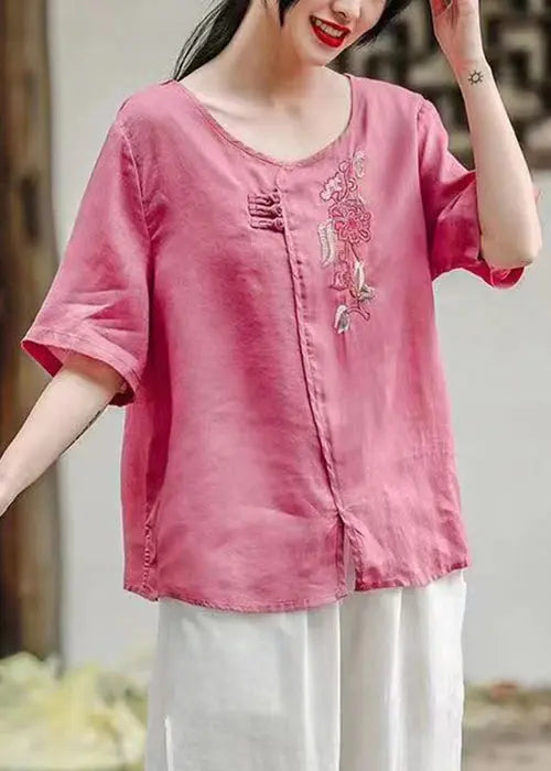 Women Rose O-Neck Side Open Patchwork Cotton T Shirt Summer Ada Fashion