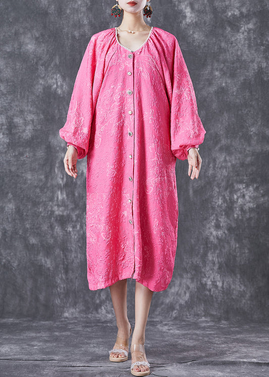 Women Rose Oversized Jacquard Cotton Maxi Dress Lantern Sleeve LY6663 - fabuloryshop