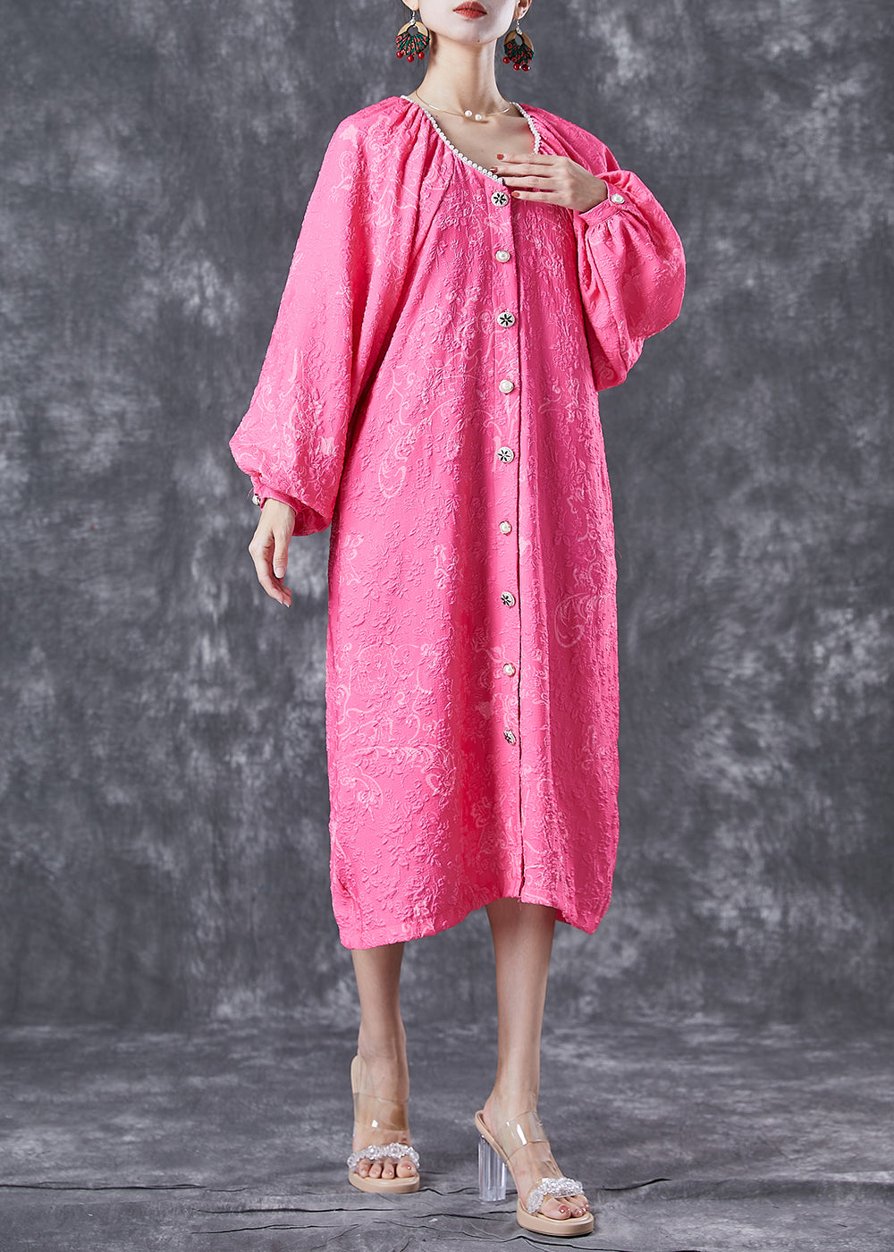 Women Rose Oversized Jacquard Cotton Maxi Dress Lantern Sleeve LY6663 - fabuloryshop