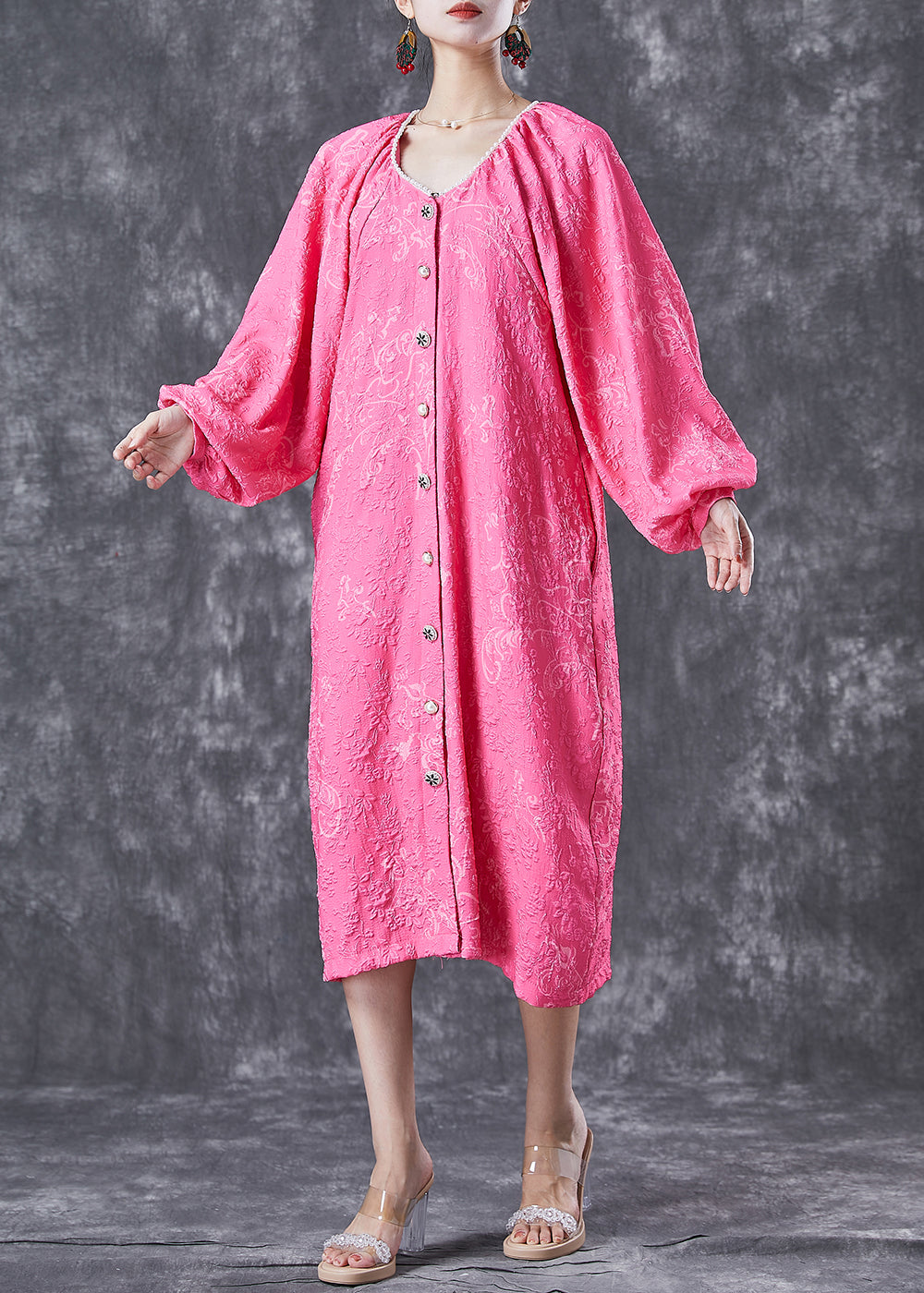 Women Rose Oversized Jacquard Cotton Maxi Dress Lantern Sleeve LY6663 - fabuloryshop