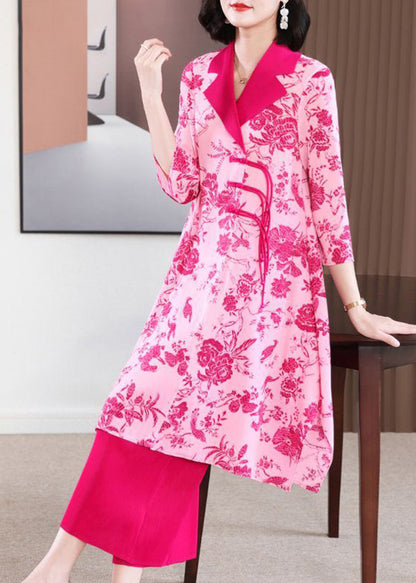 Women Rose Print Notched Collar Chinese Button Tassel Two Pieces Set Spring LY2739 - fabuloryshop