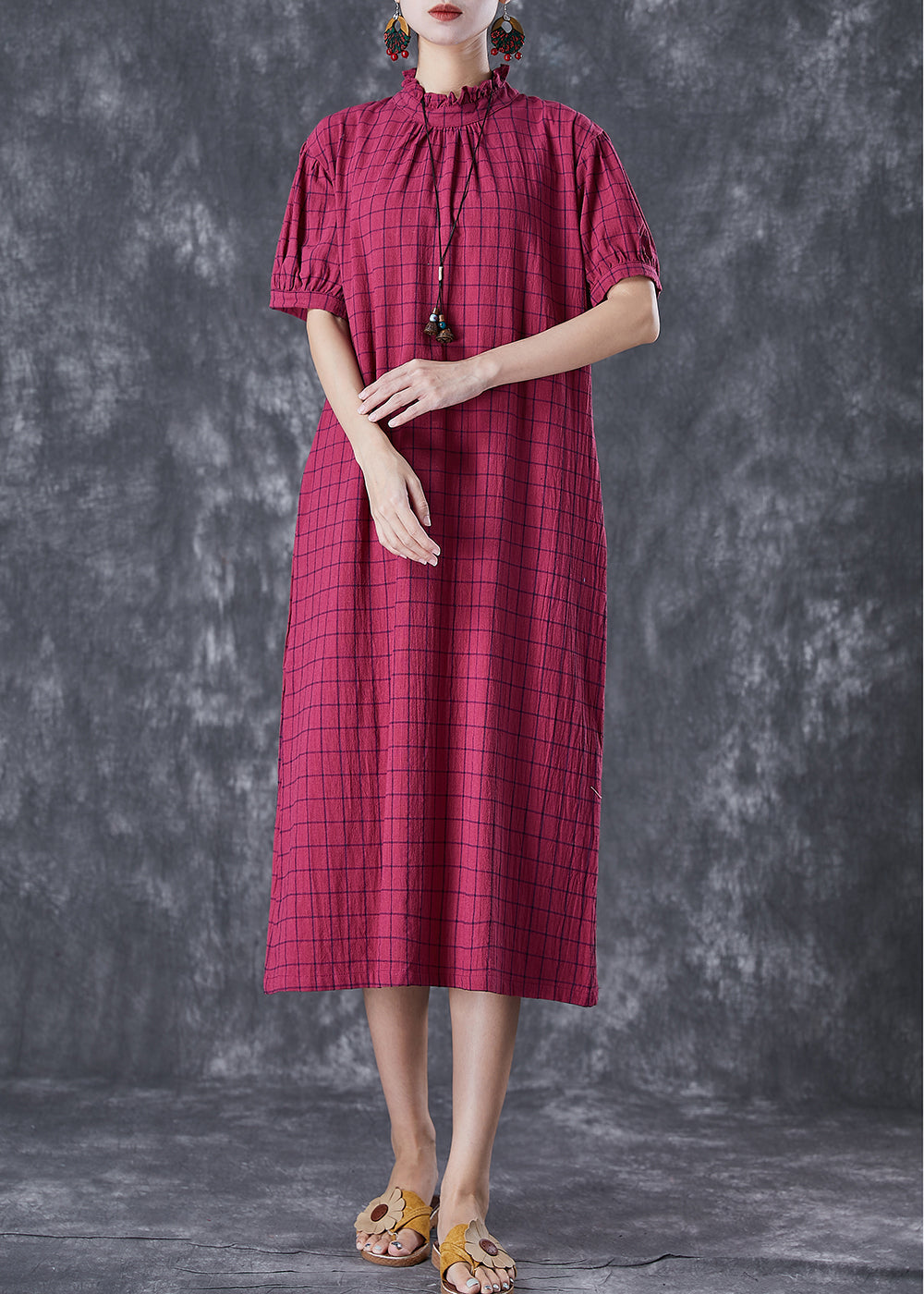 Women Rose Ruffled Plaid Cotton Dresses Summer LY7101 - fabuloryshop