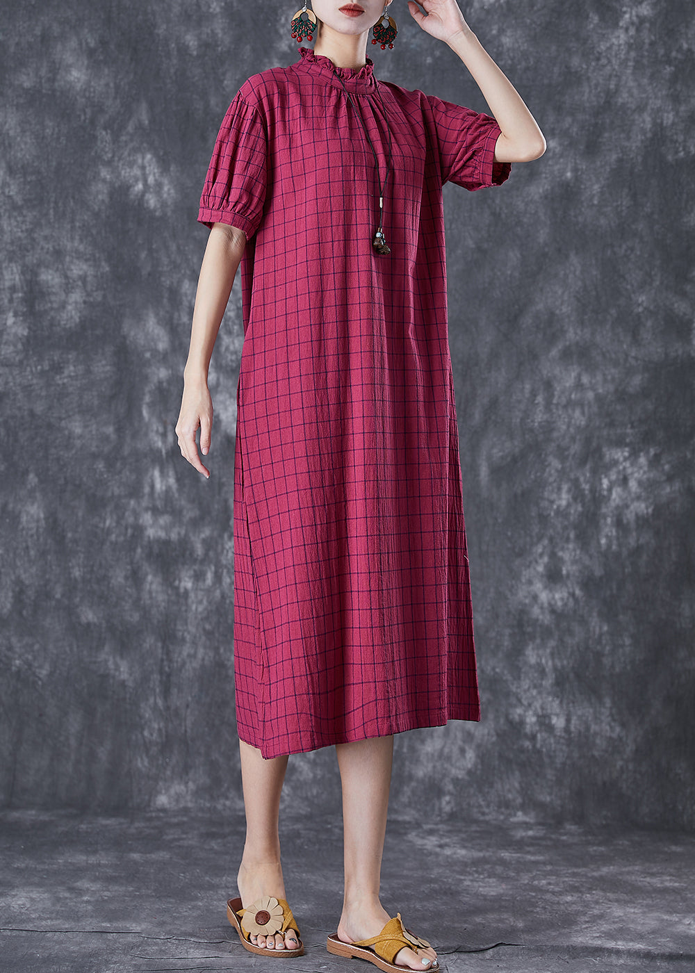 Women Rose Ruffled Plaid Cotton Dresses Summer LY7101 - fabuloryshop