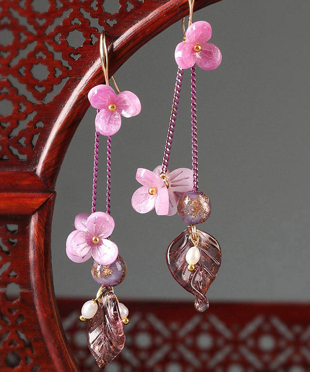 Women Rose Sterling Silver Pearl Coloured Glaze Floral Drop Earrings LY2041 - fabuloryshop