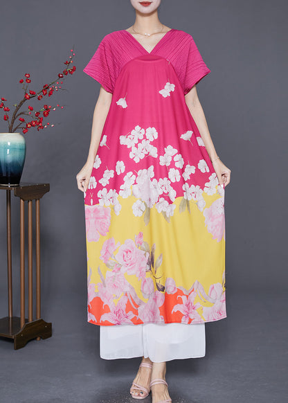 Women Rose V Neck Patchwork Print Silk Party Dress Summer Ada Fashion