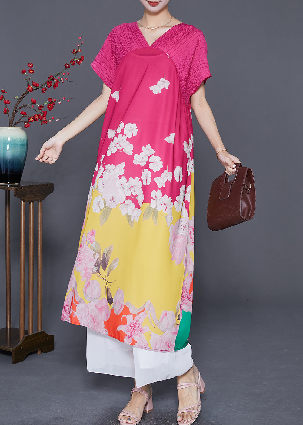 Women Rose V Neck Patchwork Print Silk Party Dress Summer Ada Fashion