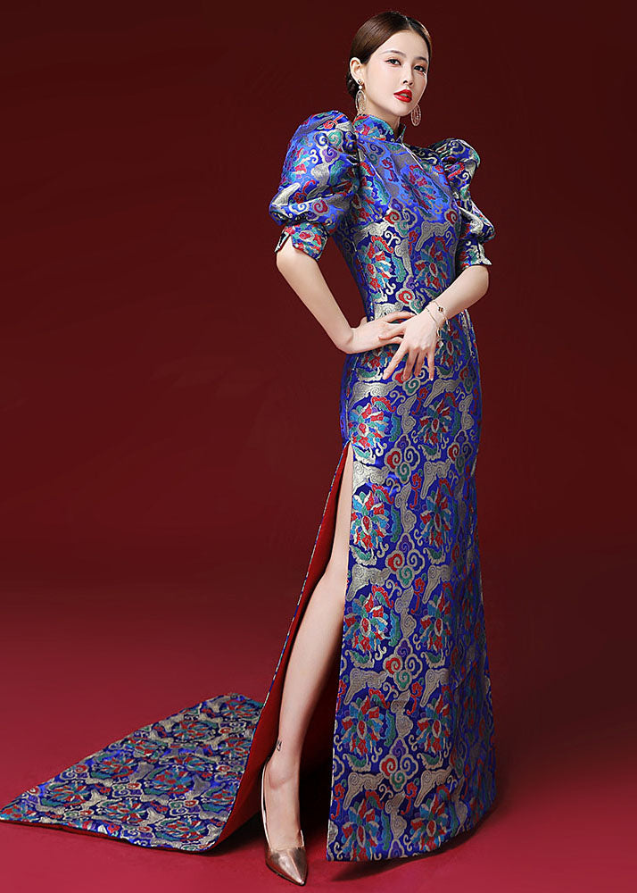 Women Royal Blue Embroideried Side Open Silk Mopping Maxi Dresses Puff Sleeve Ada Fashion