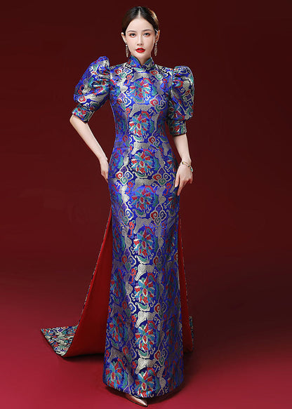 Women Royal Blue Embroideried Side Open Silk Mopping Maxi Dresses Puff Sleeve Ada Fashion