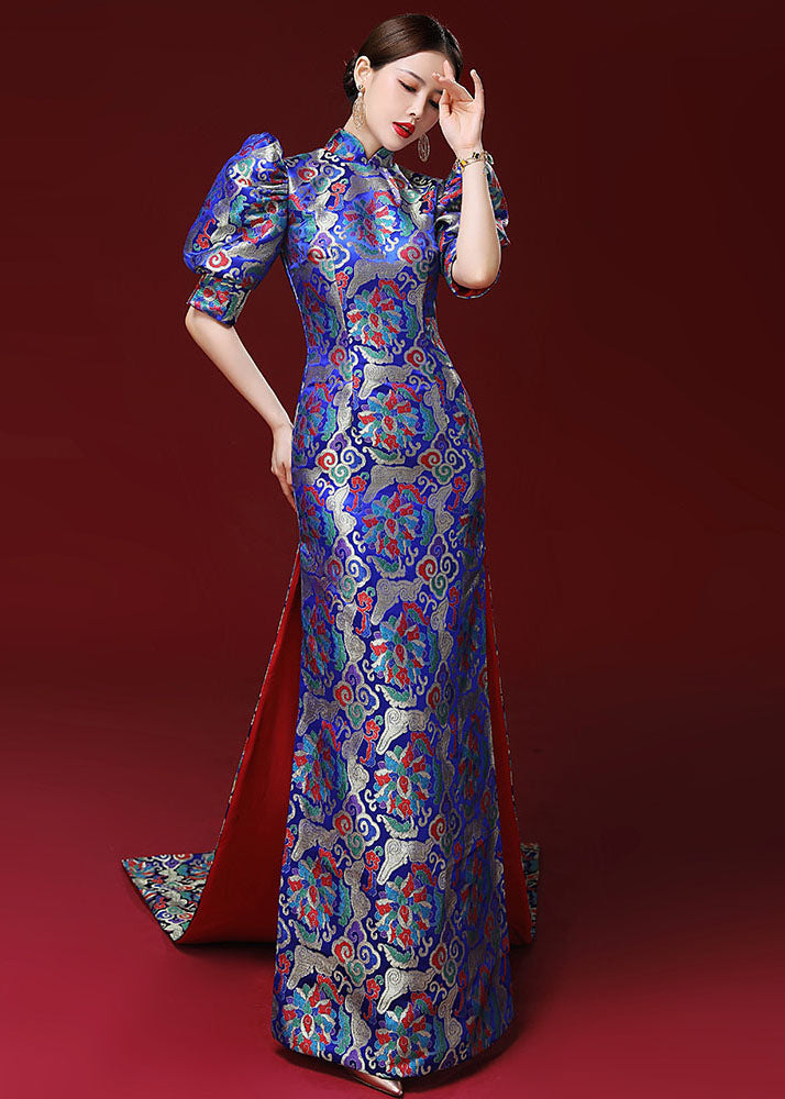 Women Royal Blue Embroideried Side Open Silk Mopping Maxi Dresses Puff Sleeve Ada Fashion