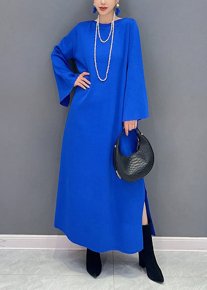 Women Royal Blue O Neck Side Open Cotton Long Dresses Flare Sleeve Ada Fashion