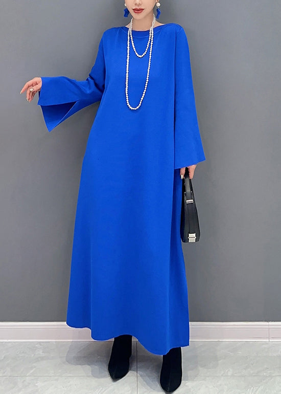 Women Royal Blue O Neck Side Open Cotton Long Dresses Flare Sleeve Ada Fashion