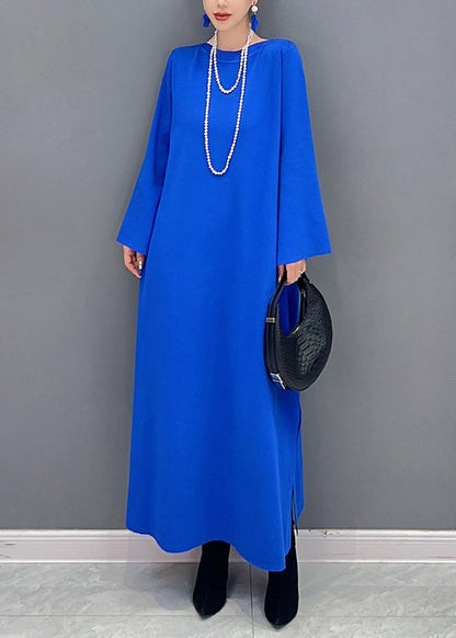 Women Royal Blue O Neck Side Open Cotton Long Dresses Flare Sleeve Ada Fashion