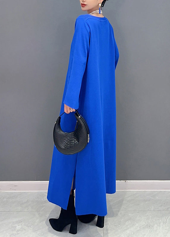 Women Royal Blue O Neck Side Open Cotton Long Dresses Flare Sleeve Ada Fashion