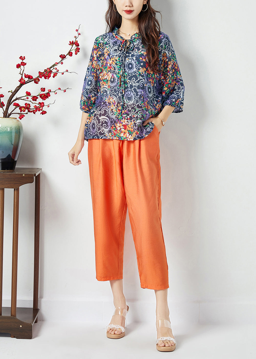 Women Ruffled Lace Up Print Cotton Tops And Pants Two Pieces Set Summer LC0401 - fabuloryshop