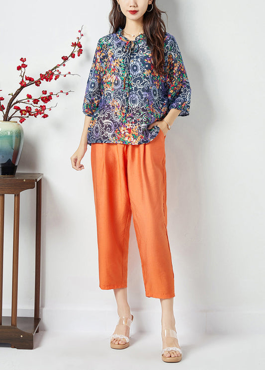 Women Ruffled Lace Up Print Cotton Tops And Pants Two Pieces Set Summer LY1131 - fabuloryshop