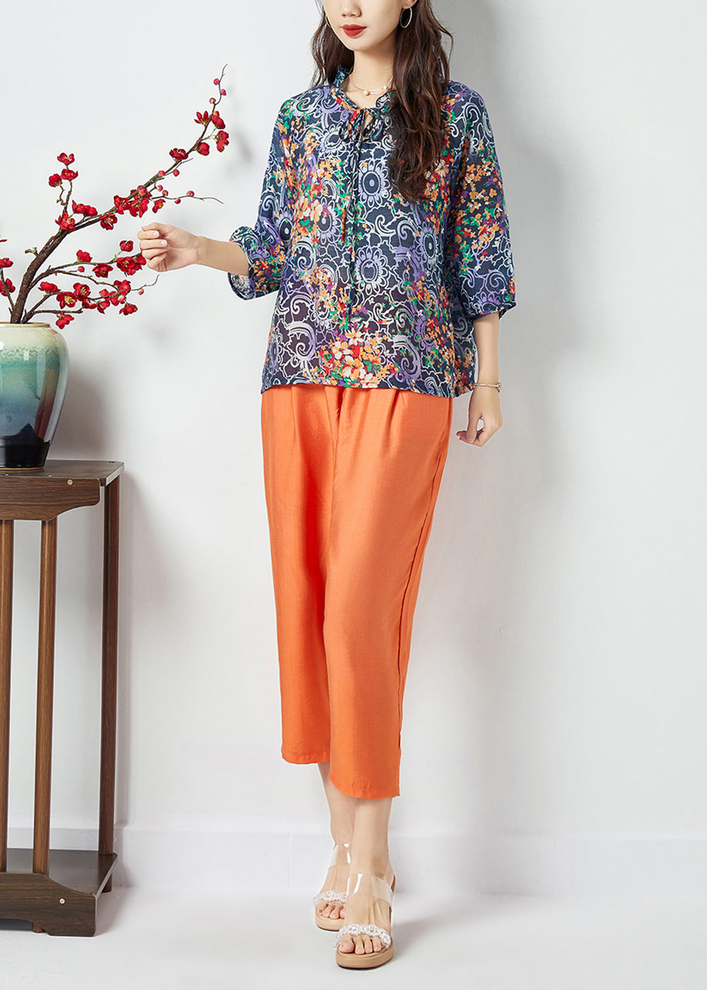 Women Ruffled Lace Up Print Cotton Tops And Pants Two Pieces Set Summer LC0401 - fabuloryshop